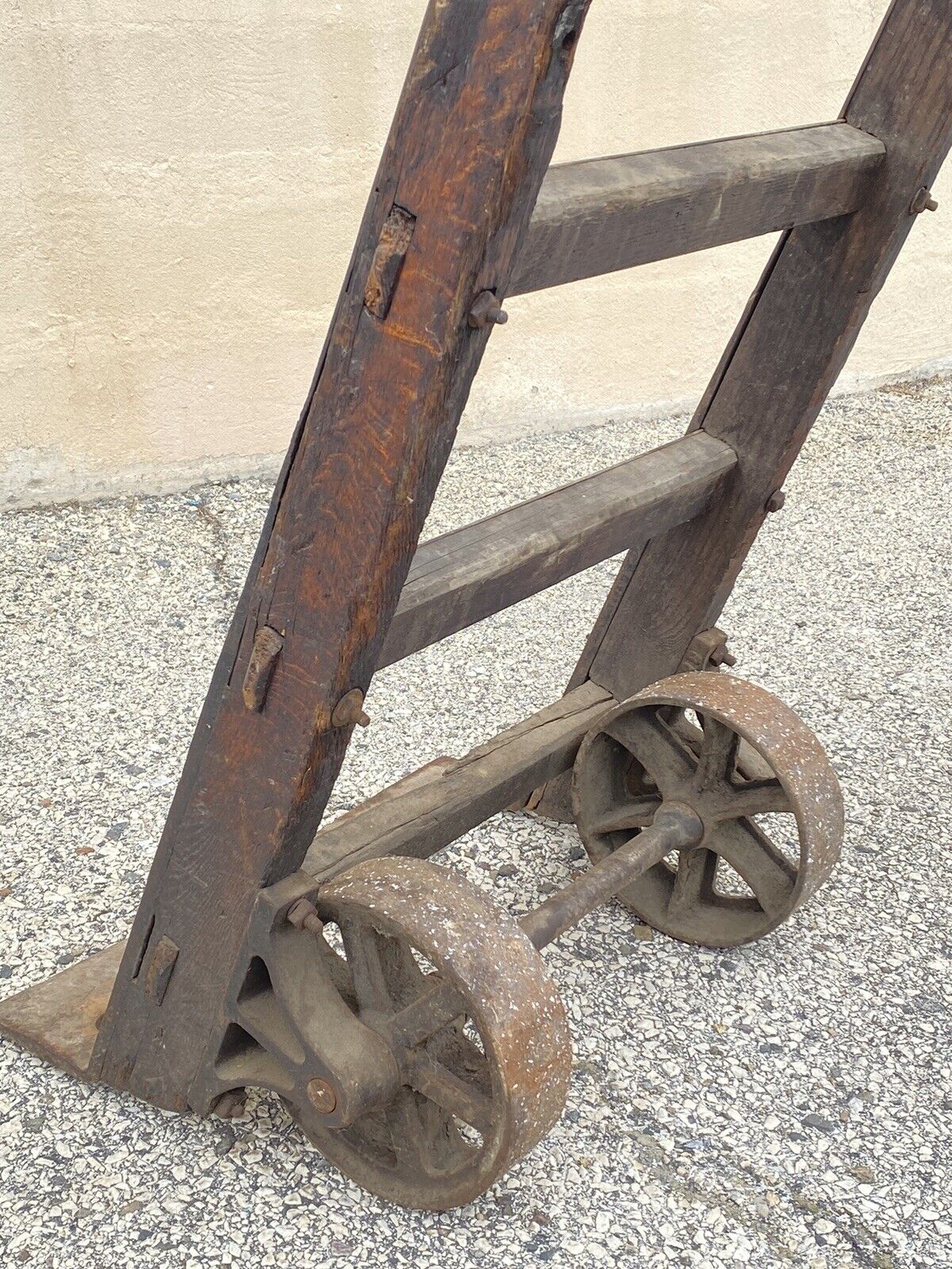Antique Industrial Modern Vintage Factory Hand Truck Oak Wood and Iron Metal
