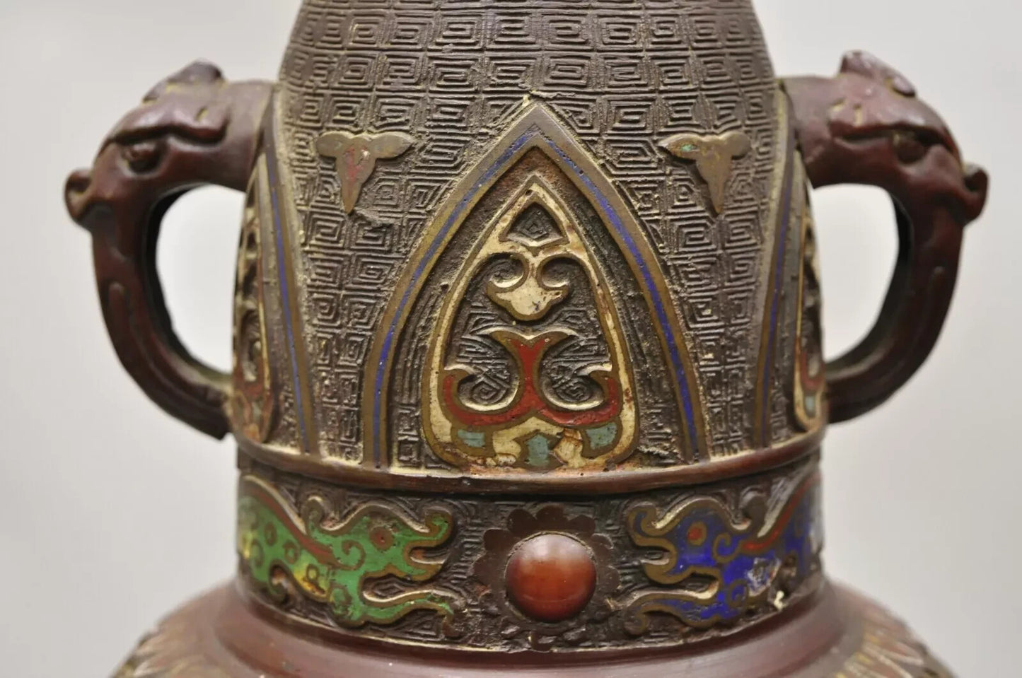Antique Japanese Champleve Cloisonne Enamel Bronze Twin Handle 12" Vessel Vase