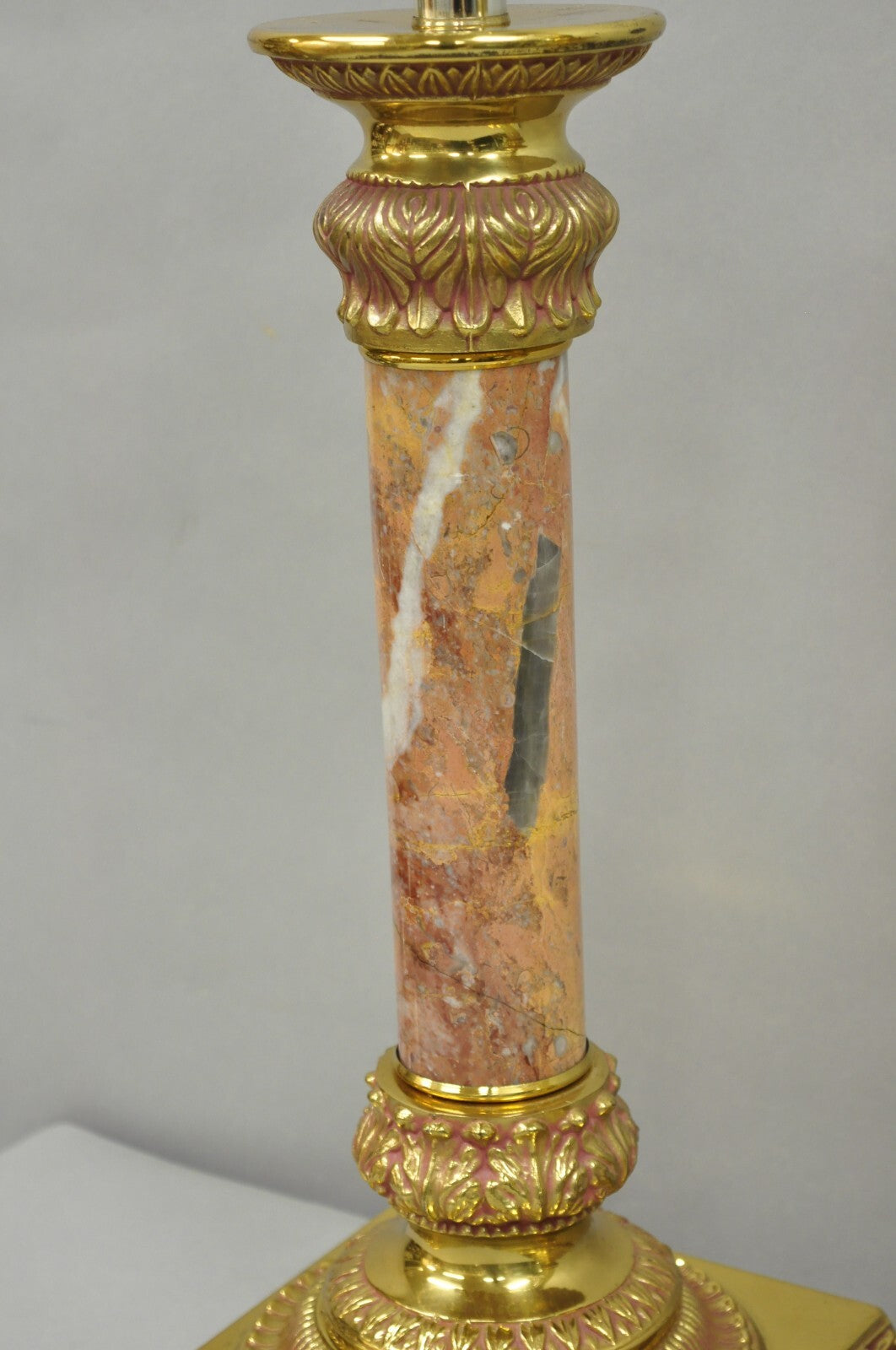 Vintage Hollywood Regency Brass Empire Column Green Pink Gold Table Lamps - Pair