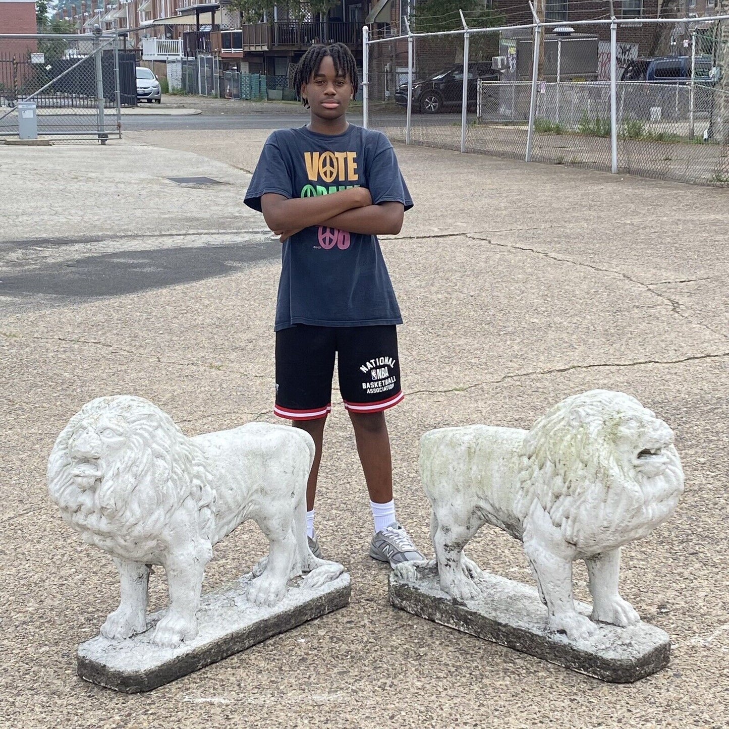 Large Vintage Classical Style Standing Lion Cement Guardian Garden Statue - Pair