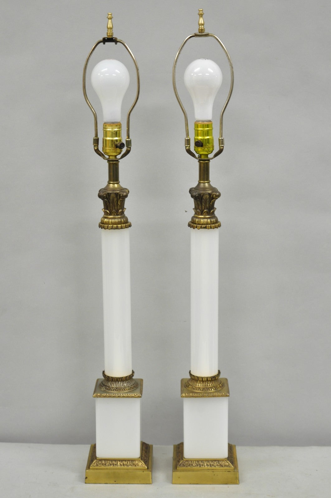 Vintage French Empire Neoclassical White Milk Glass Column Table Lamps - a Pair