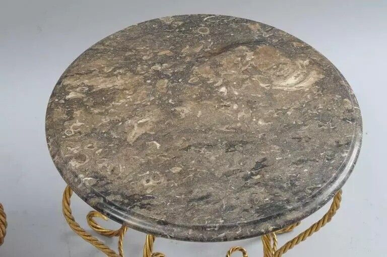 Italian Hollywood Regency Gold Gilt Iron Rope Round Marble Top Low Tables - Pair