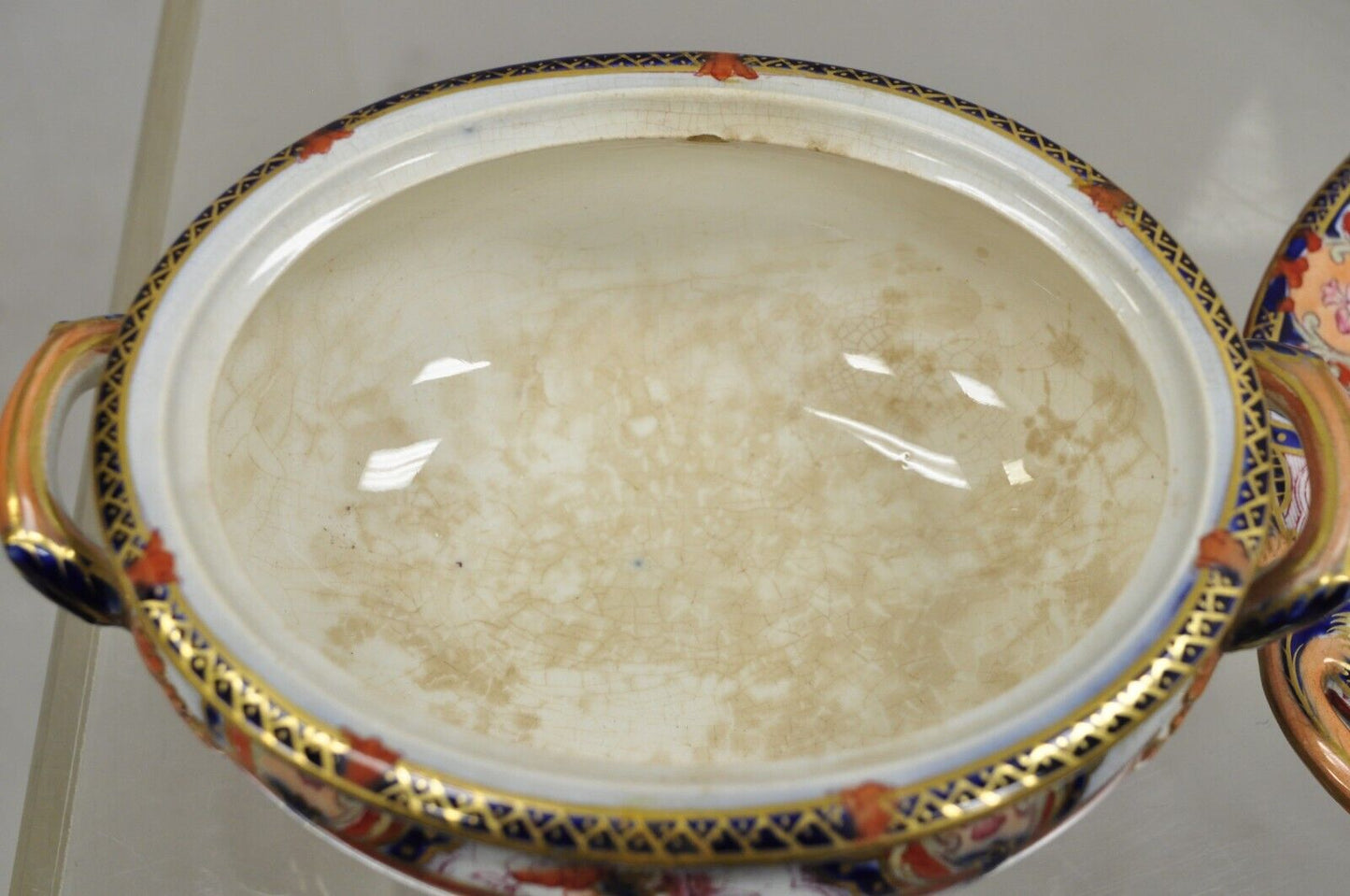 Antique English Ironstone Diamond Patent Covered Sauce Tureen with Underplate