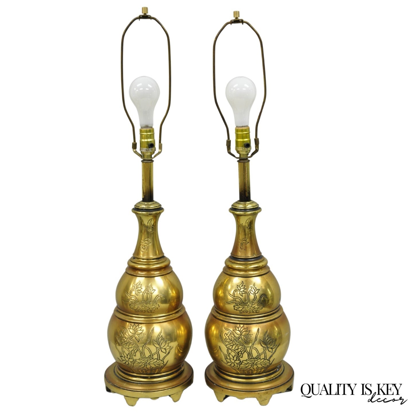 Vintage Chinoiserie Brass Stacked Beehive Table Lamps with Floral Etching - Pair
