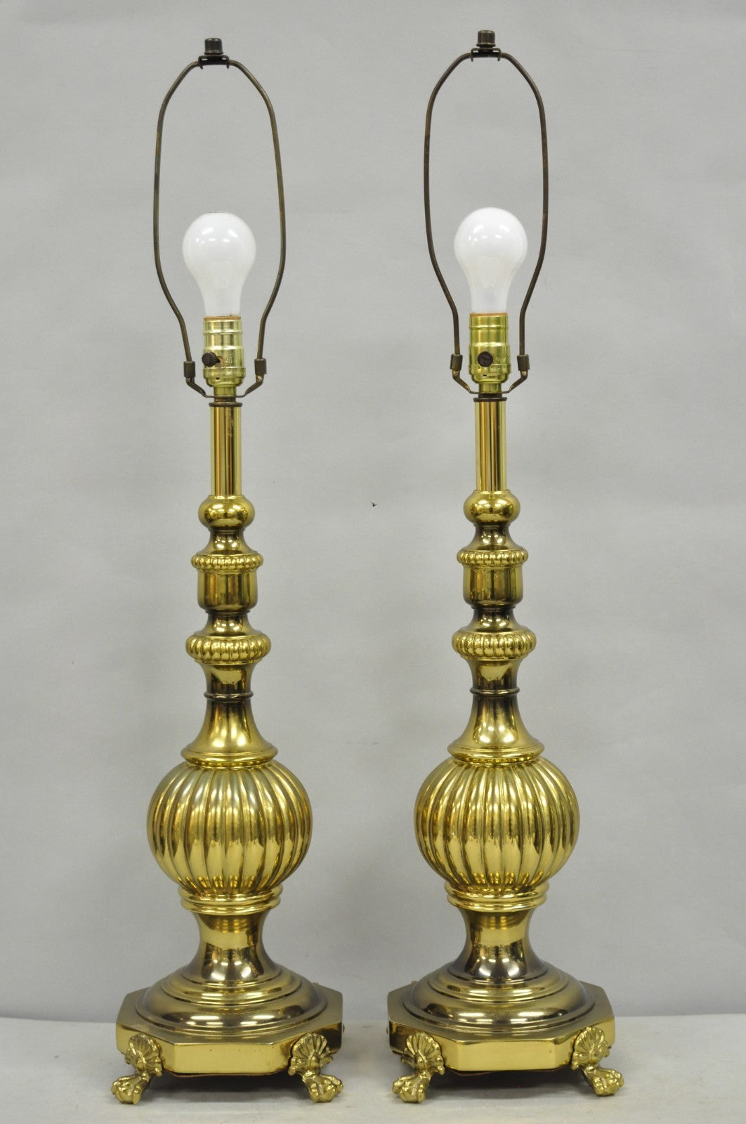 Vintage French Empire Style Burnished Brass Column Paw Foot Table Lamps - a Pair
