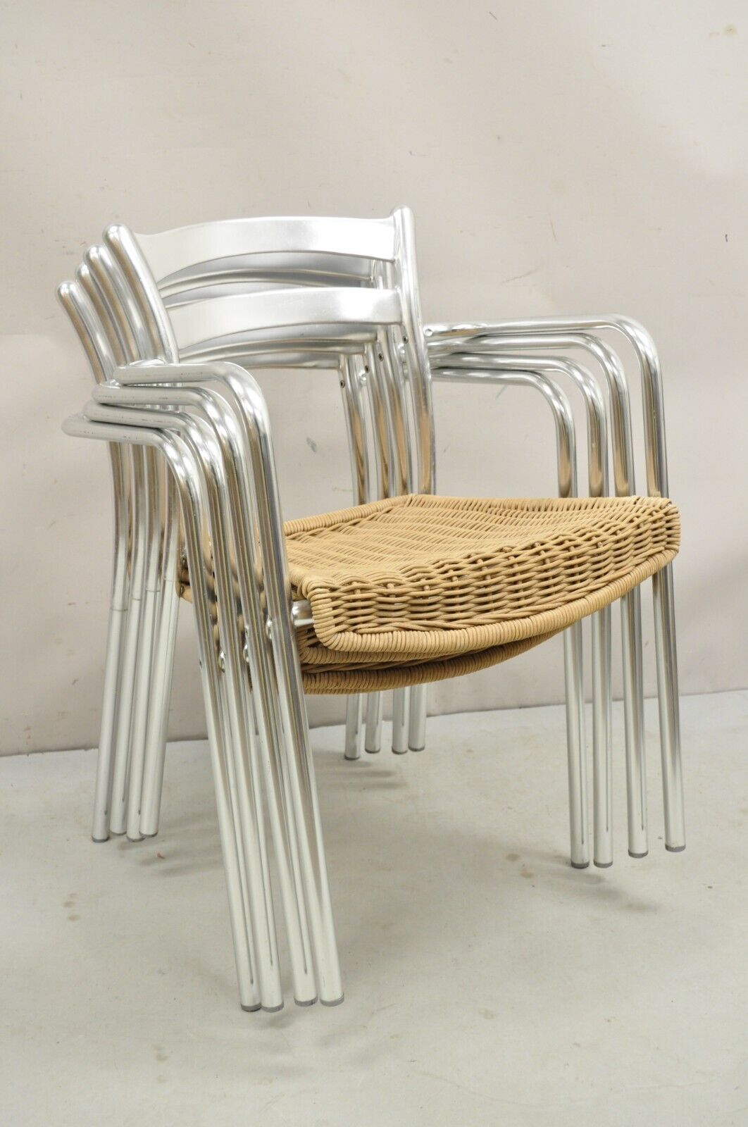 Modern Sculptural Aluminum Metal Rattan Silver Stacking Dining Chairs - Set of 4