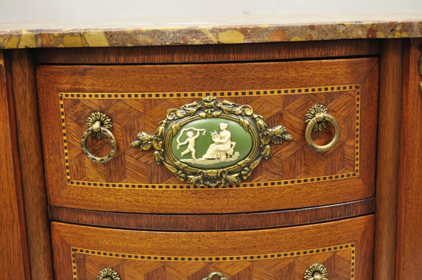 Antique French Louis XV Style Marble Top Bombe Commode Nightstand Side Table