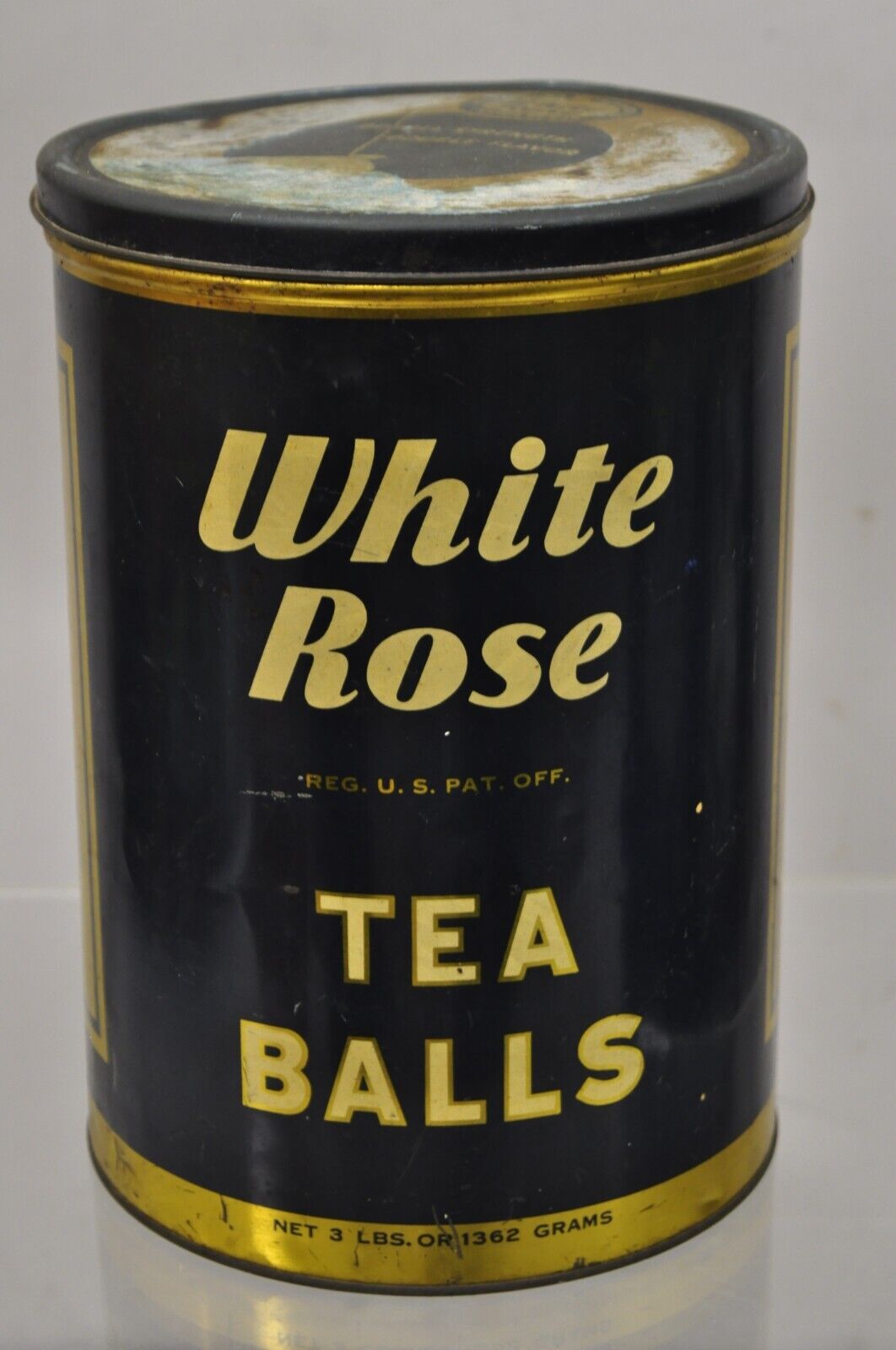 Vintage White Rose Tea Balls 3 lbs Tin Metal Container Can Advertisement