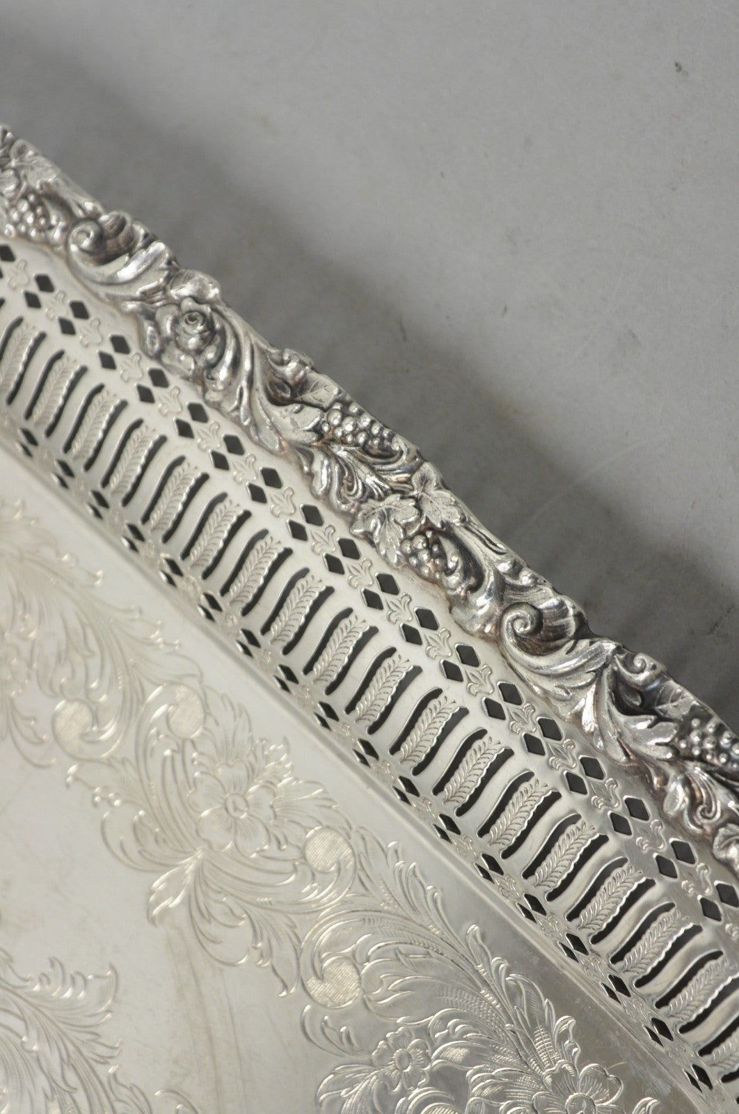 Vintage International Silver Victorian Repousse Pierced Gallery Square Bar Tray
