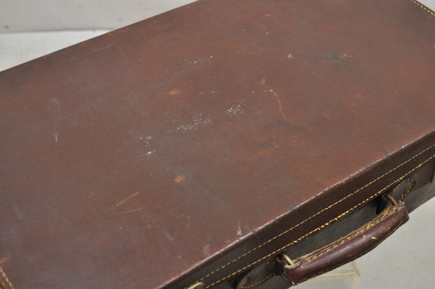 Antique Art Deco Brown Leather English 25" Luggage Travel Suitcase
