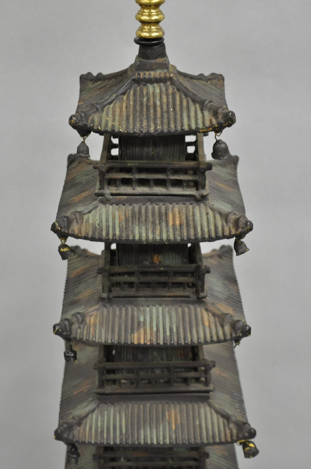 Vintage Chinoiserie Cast Iron Chinese Buddhist Pagoda Temple Table Lamp