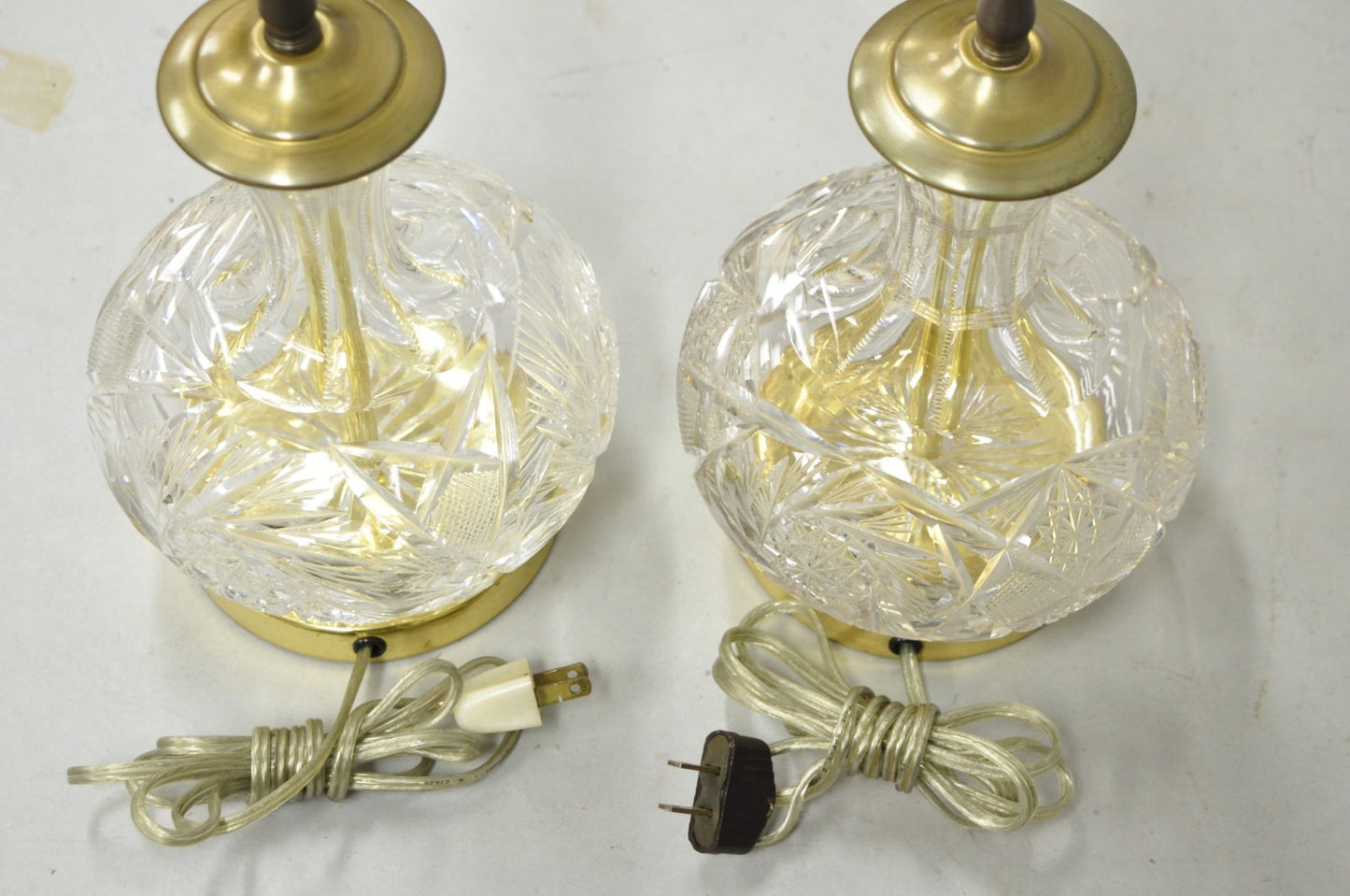 Vintage Victorian Cut Crystal Leaded Glass Small Bulbous Table Lamps - a Pair