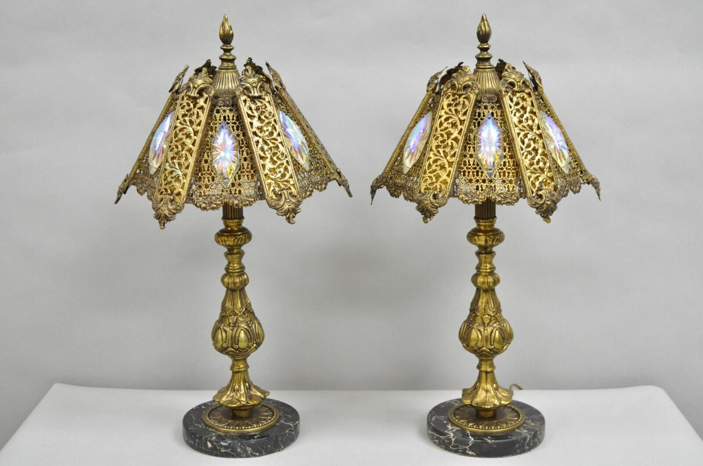 Vintage Hollywood Regency Loevsky & Loevsky Style Small Gold Table Lamps - Pair