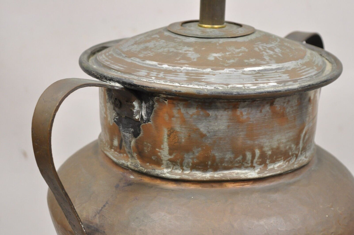 Antique Arts & Crafts Large Hand Hammered Copper Metal Twin Handle Milk Jug Lamp
