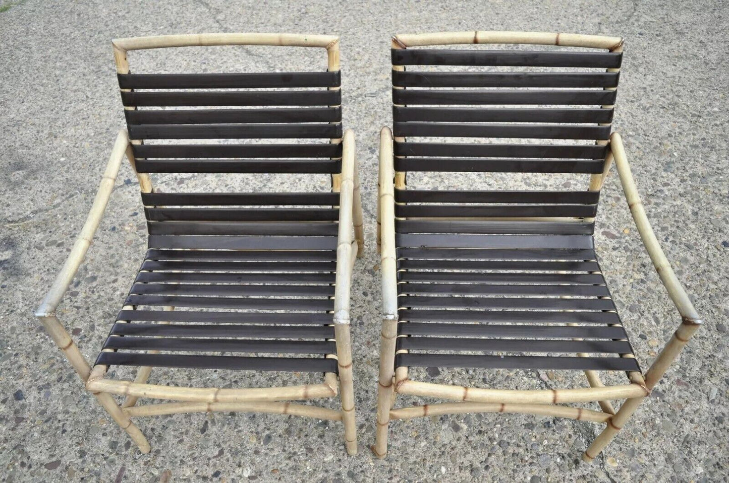 Faux Bamboo Chinese Chippendale Aluminum Vinyl Strap Pool Arm Chairs - a Pair