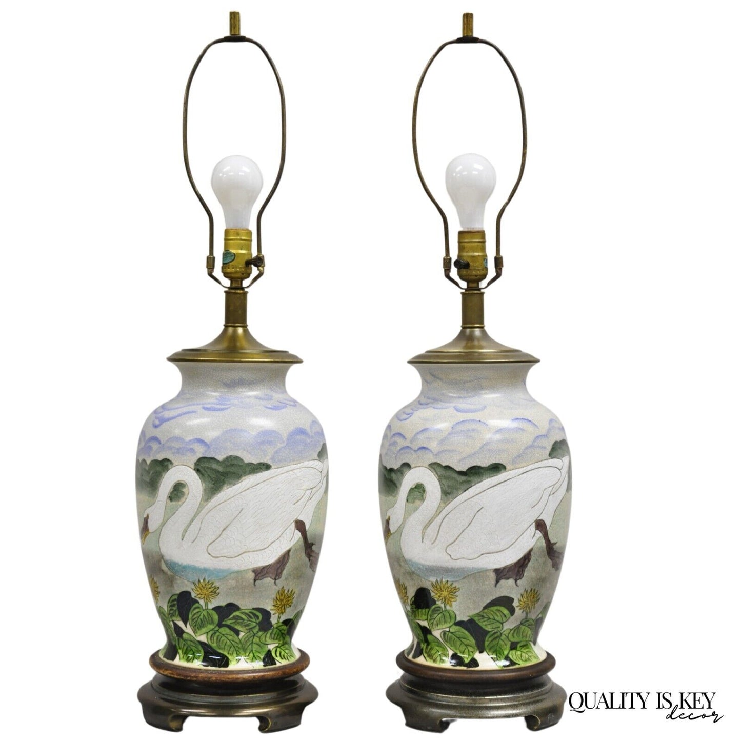 Vintage Chinoiserie Painted Swan Porcelain Ginger Jar Table Lamps - a Pair