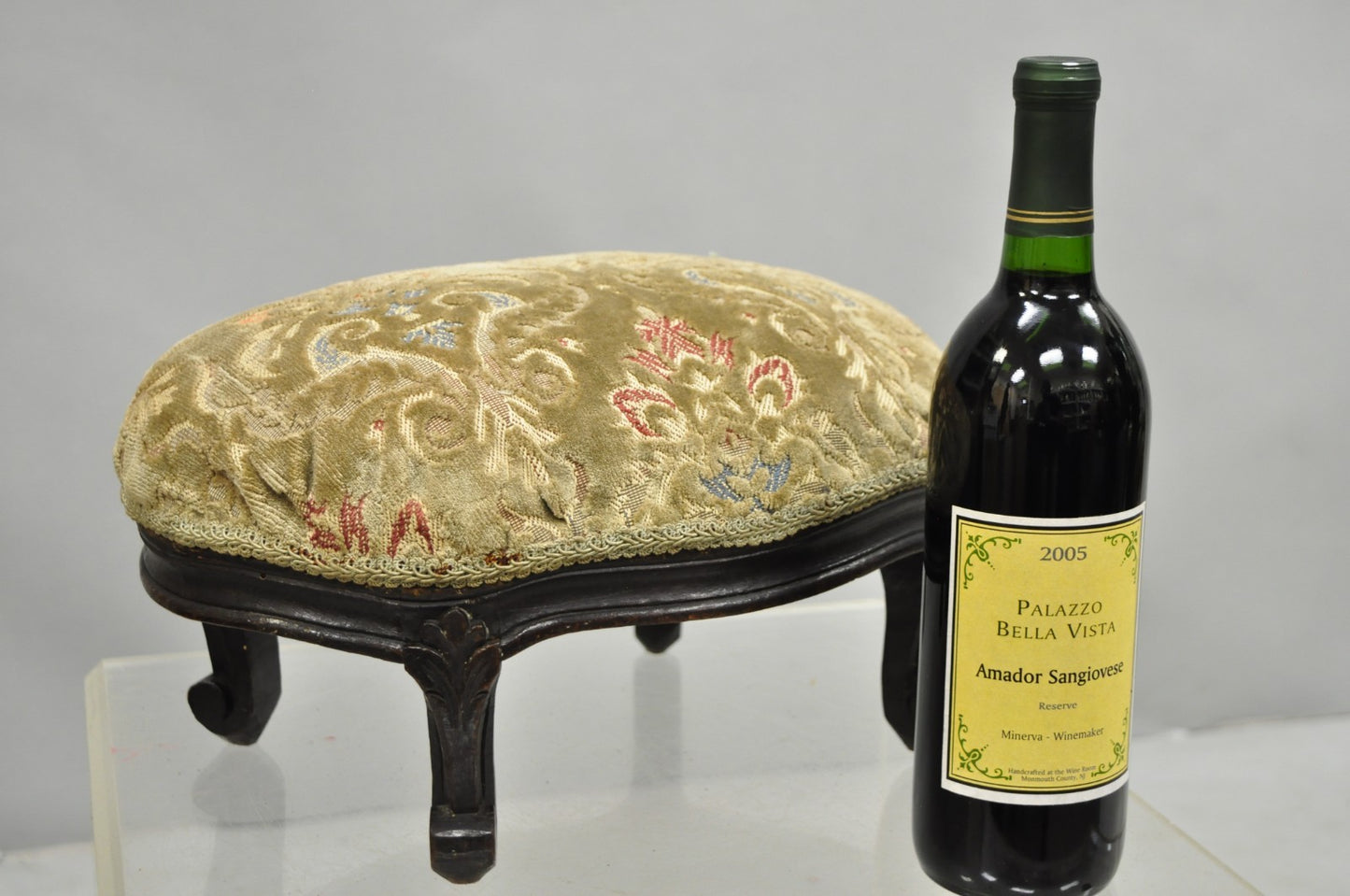 Antique French Country Provincial Oval Carved Walnut Petite Footstool Ottoman