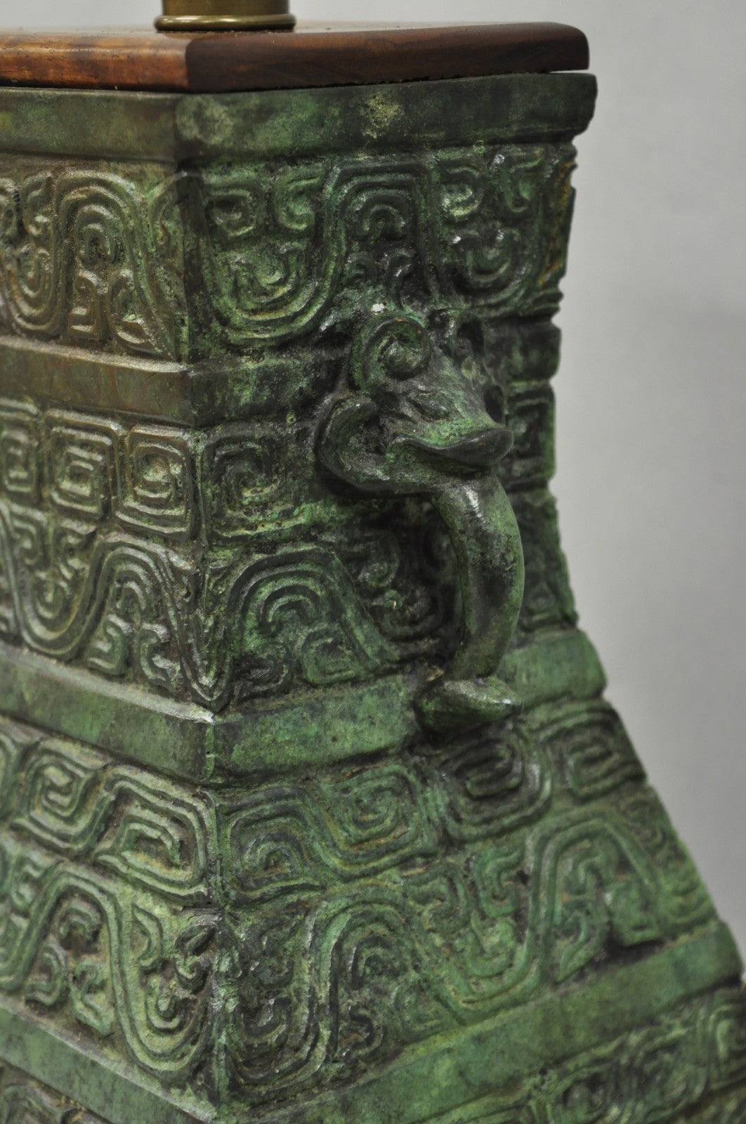Vintage Oriental Verdigris Green Archaic Bronze Figural Chinese Table Lamp