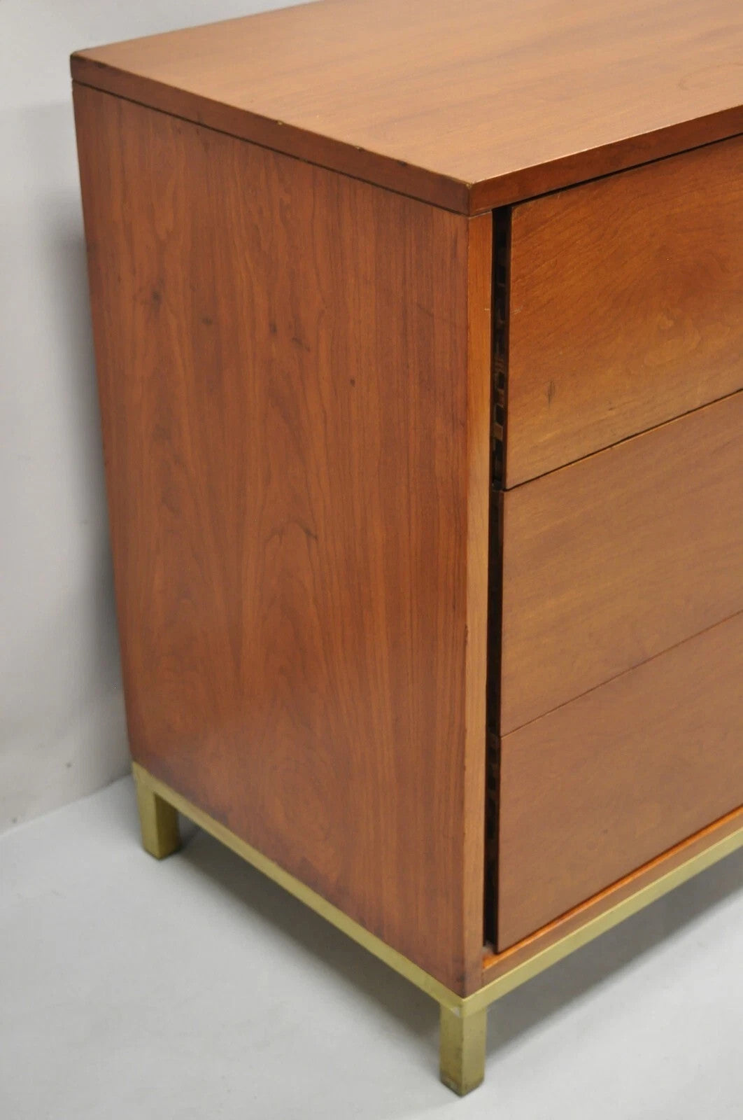 Vintage Mid Century Modern Walnut Brass Base Modernist Kneehole Writing Desk