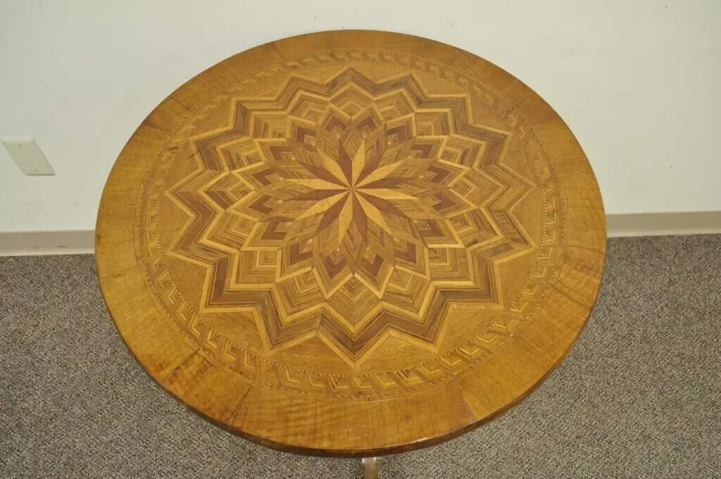 19th C Antique Italian Sorrentino Parquetry Inlaid Round Pedestal Center Table