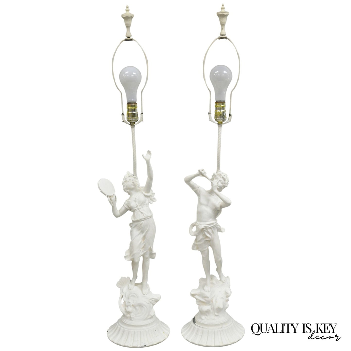 Antique French Renaissance White Painted Metal "Musicians" Table Lamps - a Pair