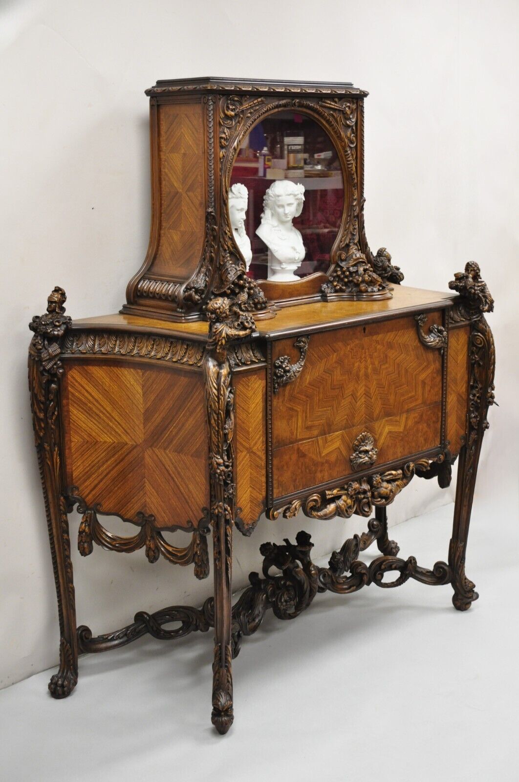 French Renaissance Louis XV Style Figural Carved Walnut Curio Display Buffet