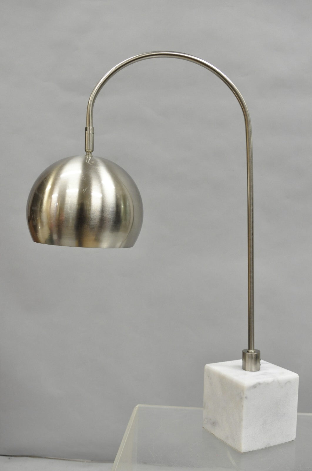 Contemporary Modern Satin Nickel Chrome Arc White Marble Base Desk Table Lamp