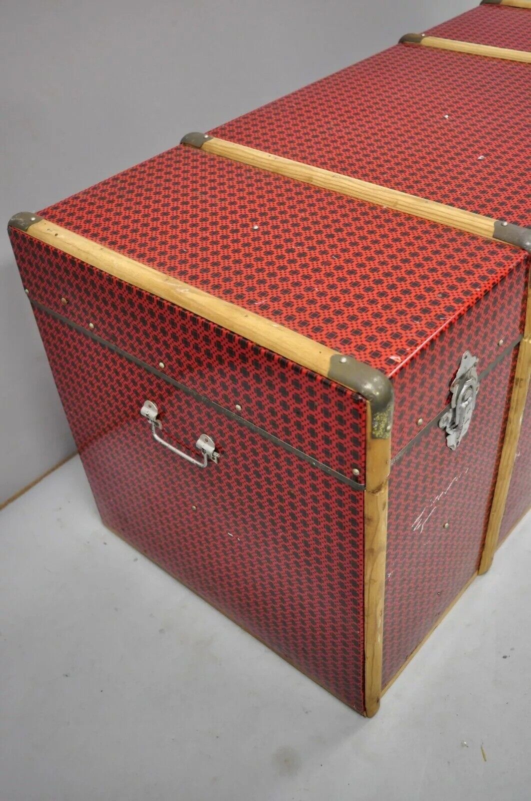 Vintage Art Deco Wood and Tin Metal Wrapped Red Faux Cane Wicker Chest Trunk Box