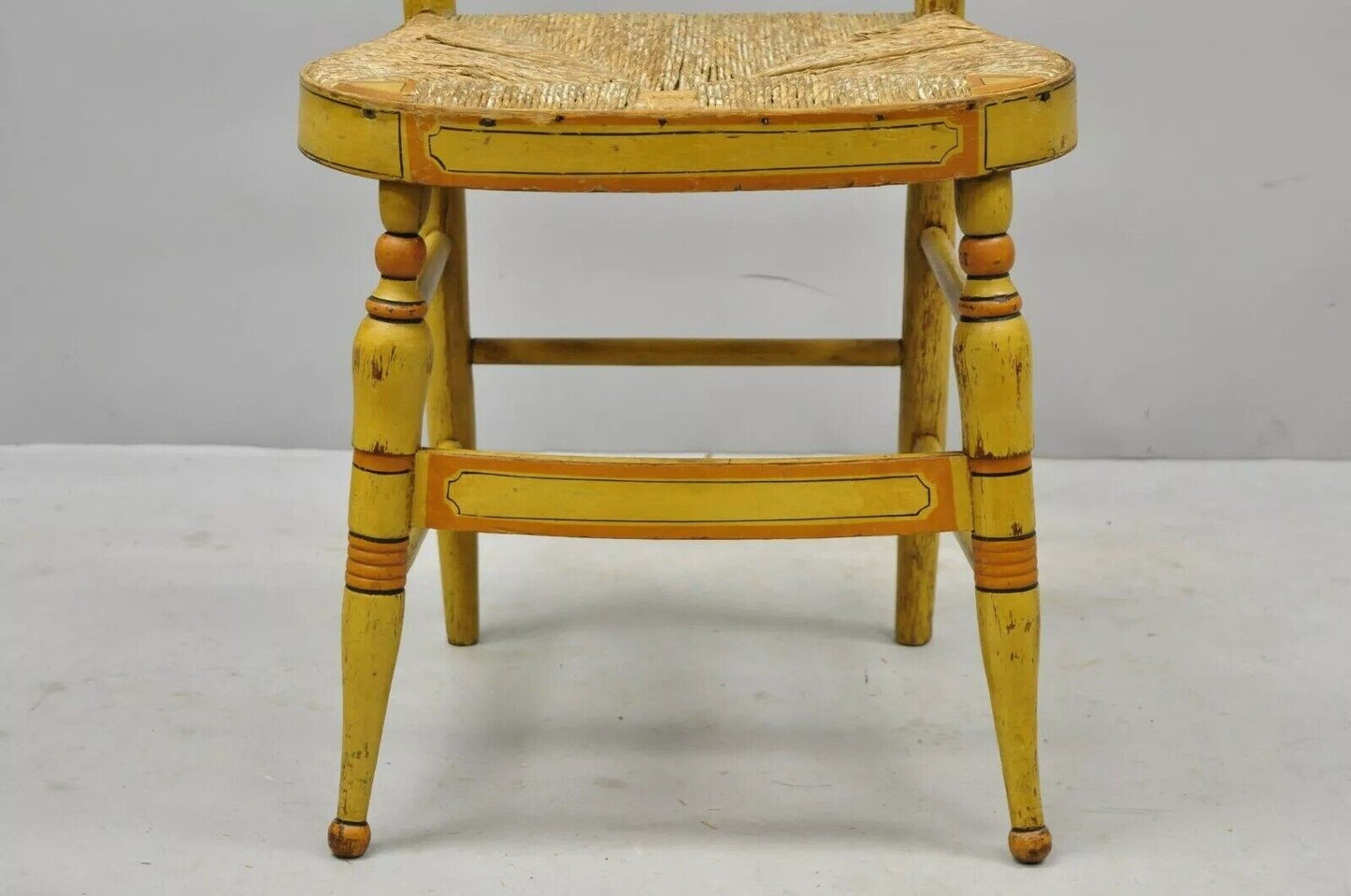 Antique Hitchcock Style Slat Back Rush Seat Yellow Paint Stencil Side Chair (A)