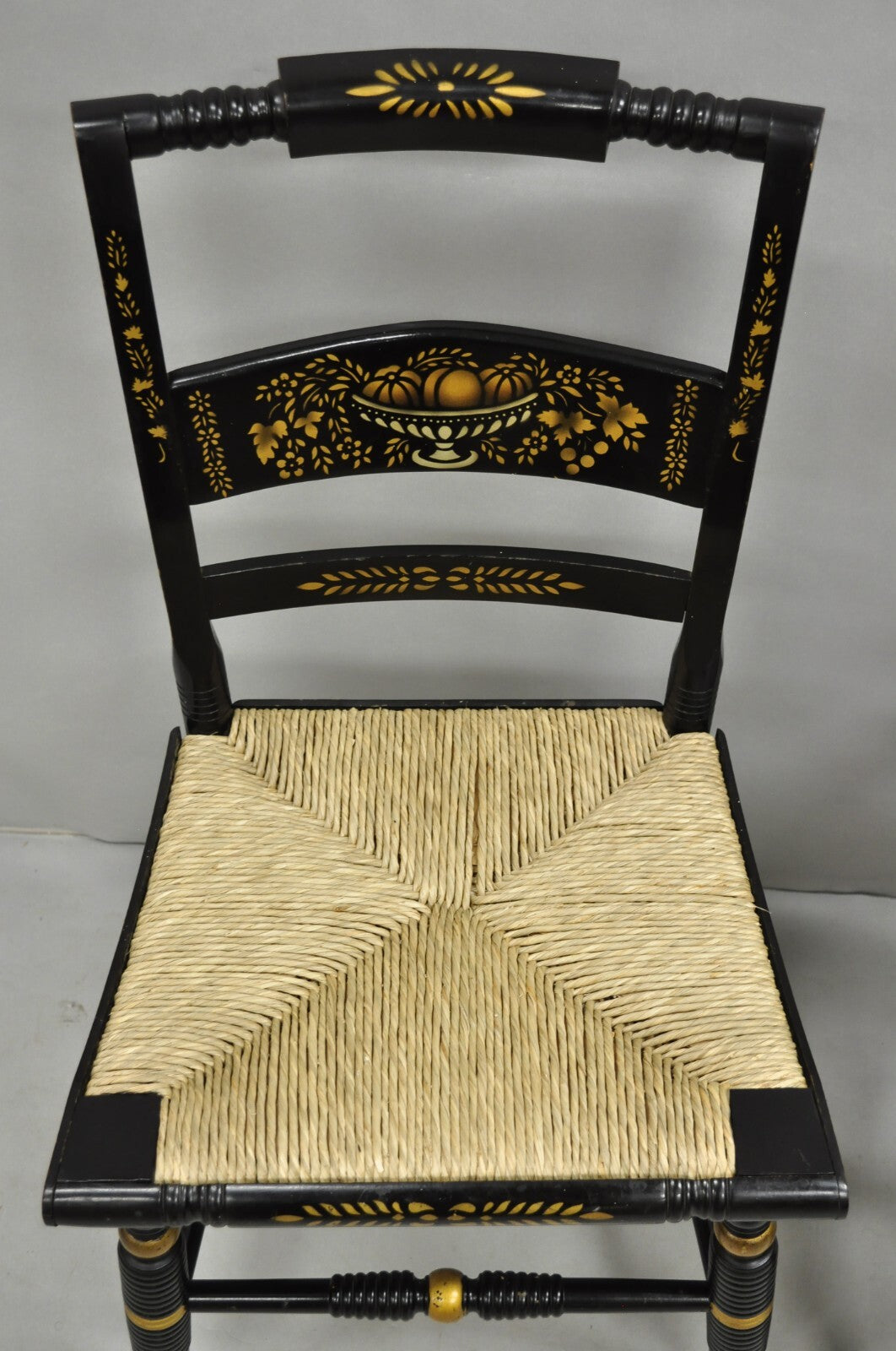Vintage Nichols & Stone Hitchcock Harvest Stencil Painted Black Side Chair Pair