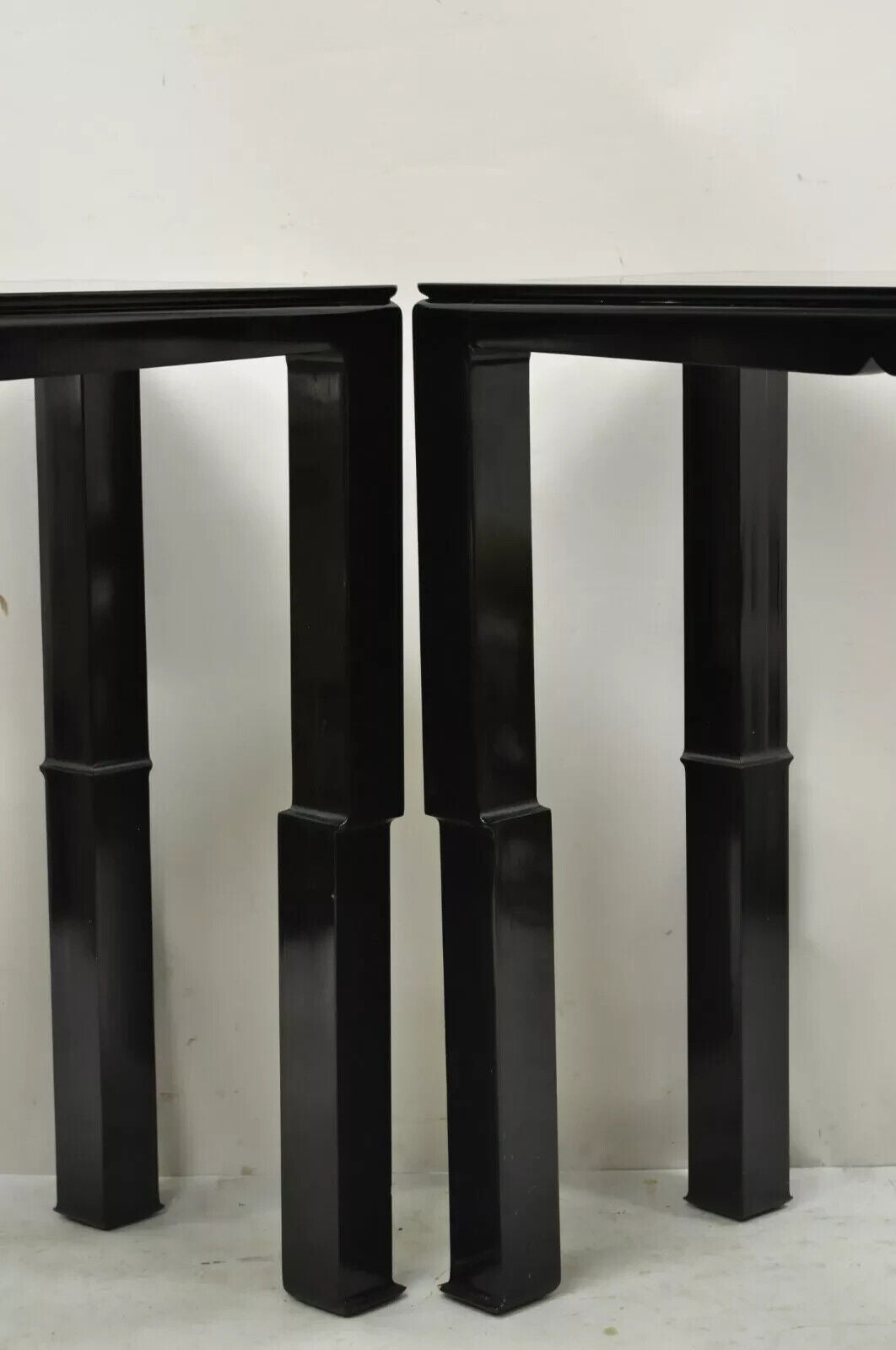 Chinese Ming James Mont Style Black Lacquer Sofa Hall Console Tables - Pair