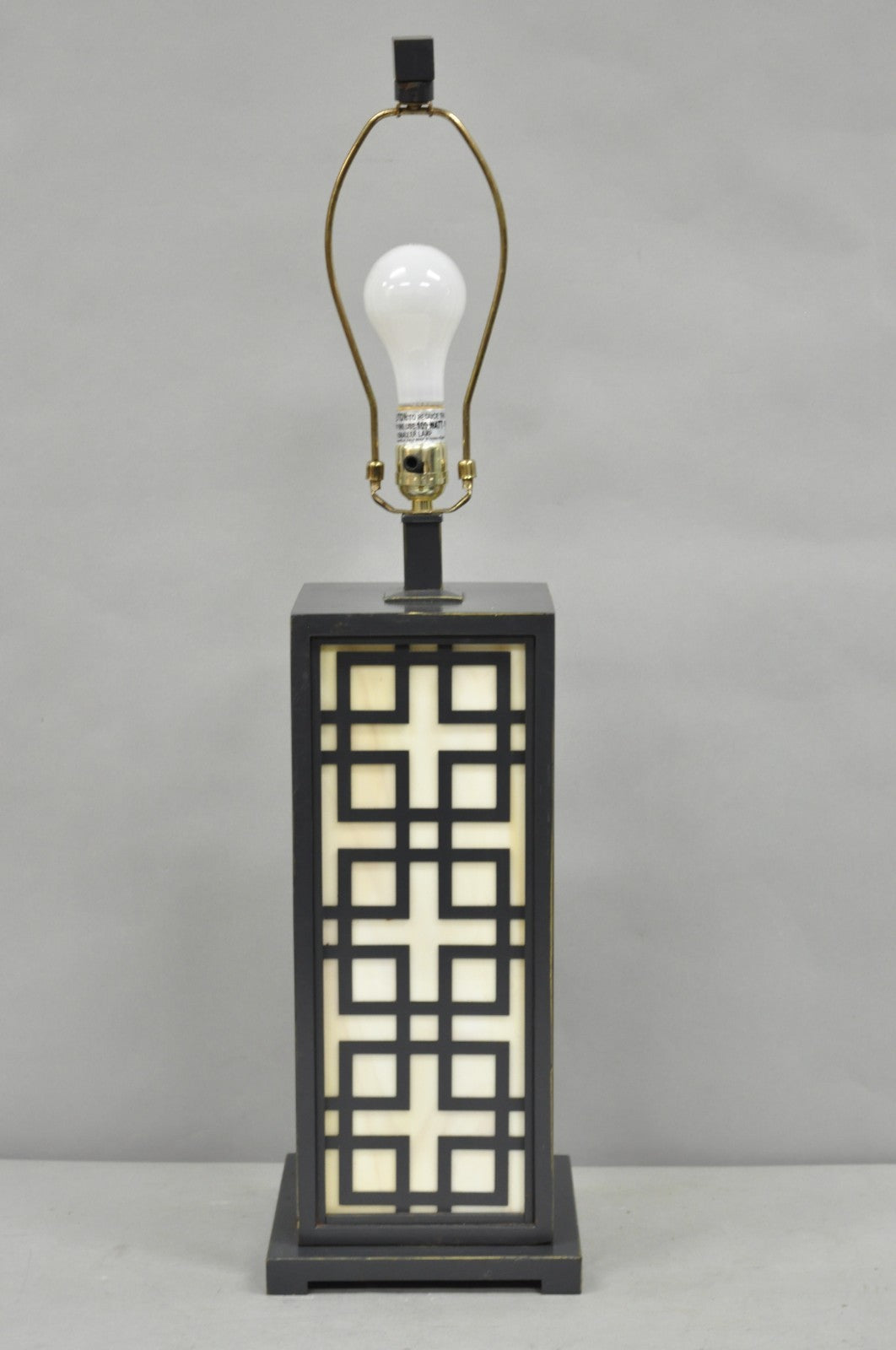 Contemporary Chinoiserie Stained Glass Brushed Metal Fretwork Design Table Lamp