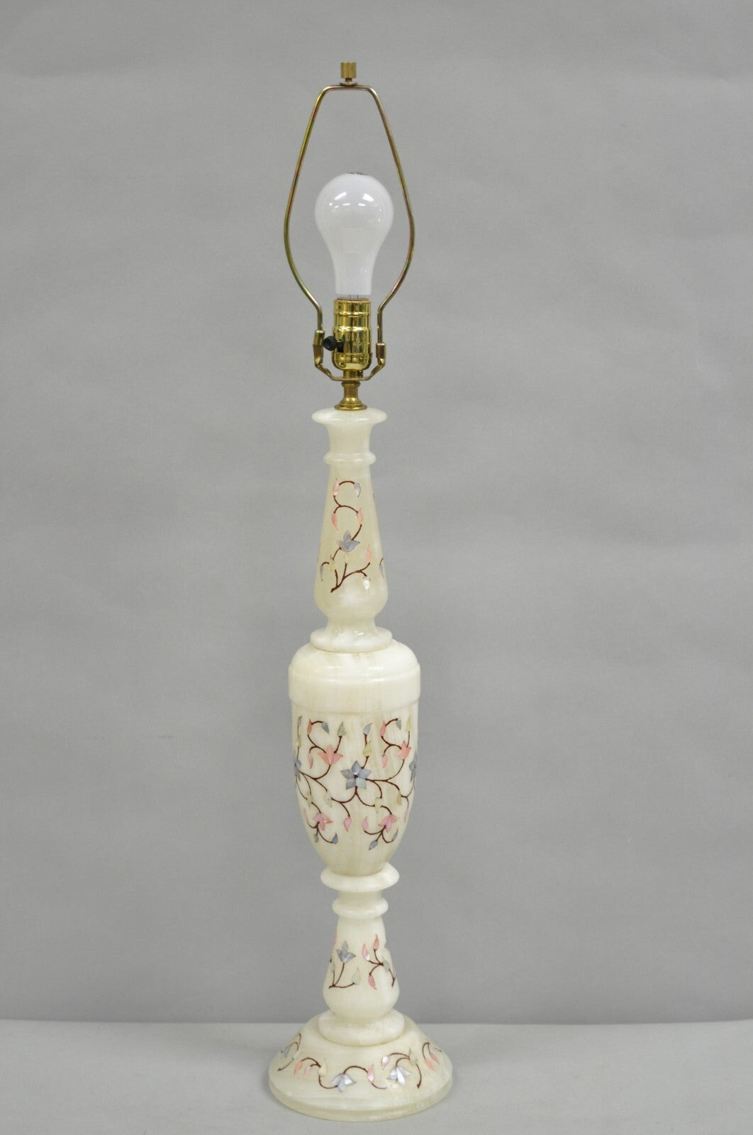 Vintage Italian Hollywood Regency Alabaster Table Lamp w/ Stone Floral Inlay