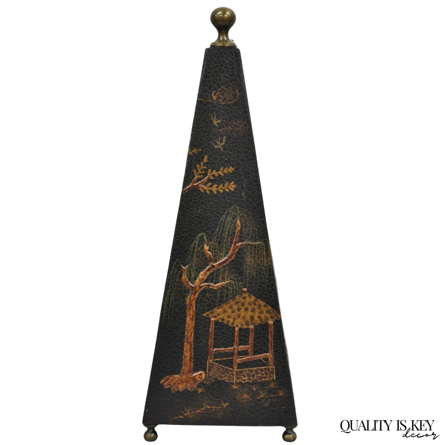 Castillian Imports Chinoiserie Black Lacquer Oriental Painted Obelisk Pyramid