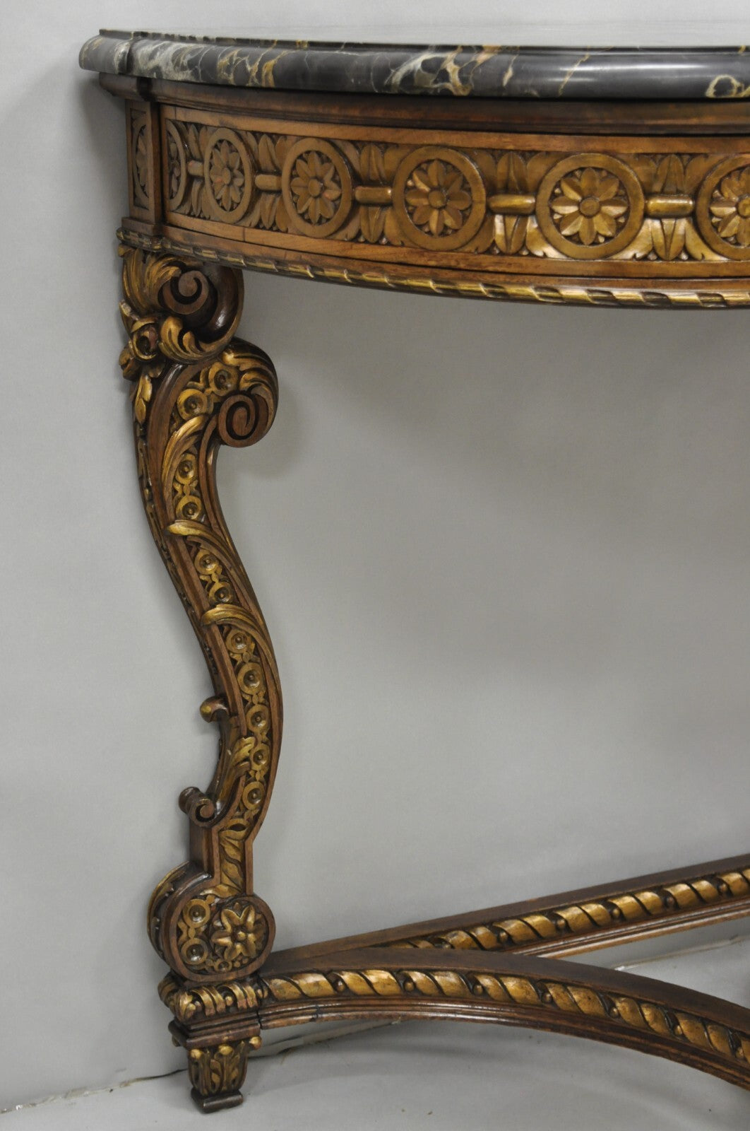 Antique French Baroque Rococo Carved Walnut Marble Top Sideboard Buffet w Drawer