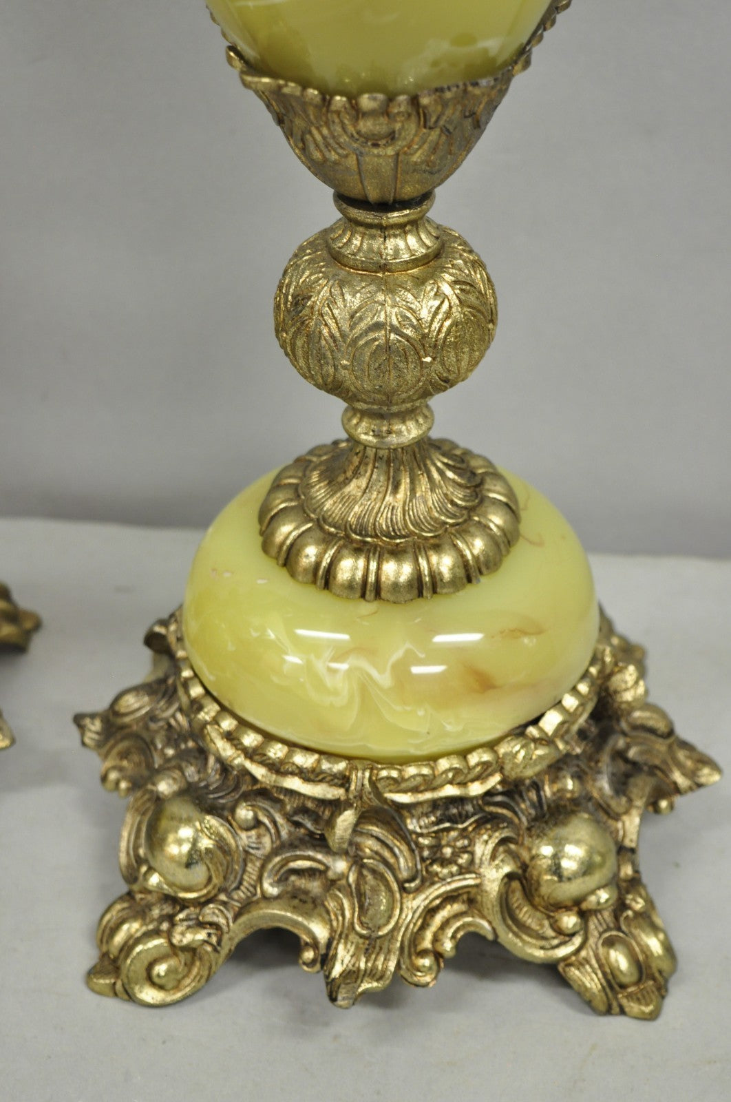 Vintage French Baroque Hollywood Regency Green Onyx Brass Table Lamps - a Pair