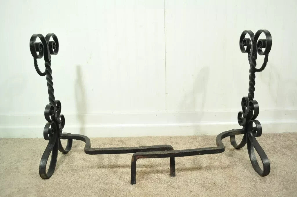 Antique Arts & Crafts Art Nouveau Black Wrought Iron Scrolling Andirons - a Pair
