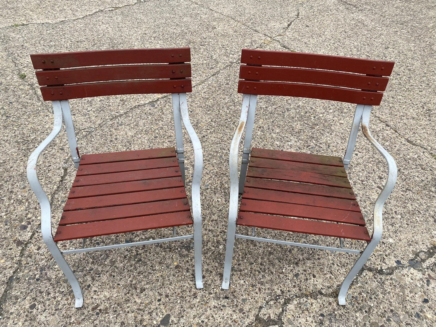Vintage Wrought Iron Wood Slat French Style Garden Patio Outdoor Chairs - a Pair