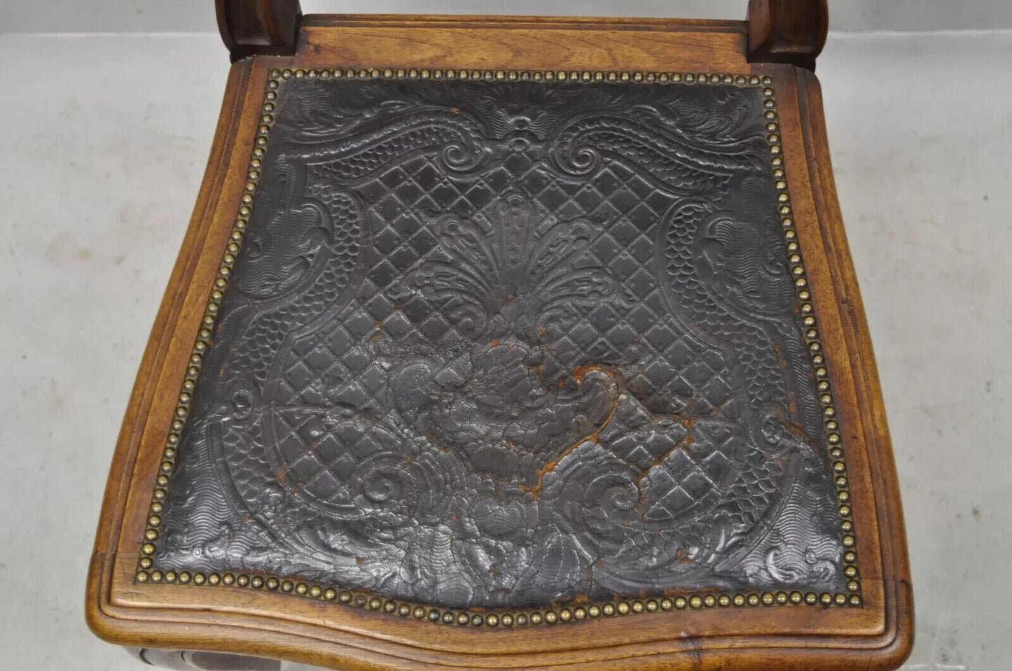 Antique French Louis XV Style Brown Embossed Leather Walnut Side Chair (C)