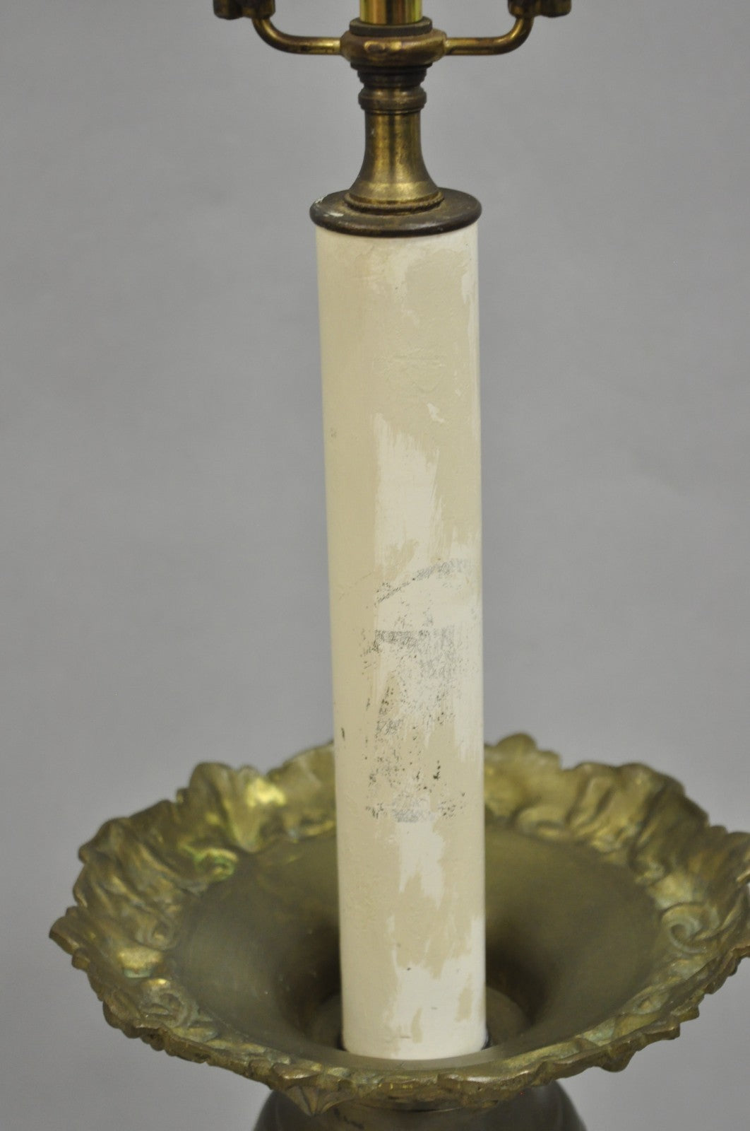 Antique French Renaissance Figural Brass Repousse Tall Candlestick Table Lamp