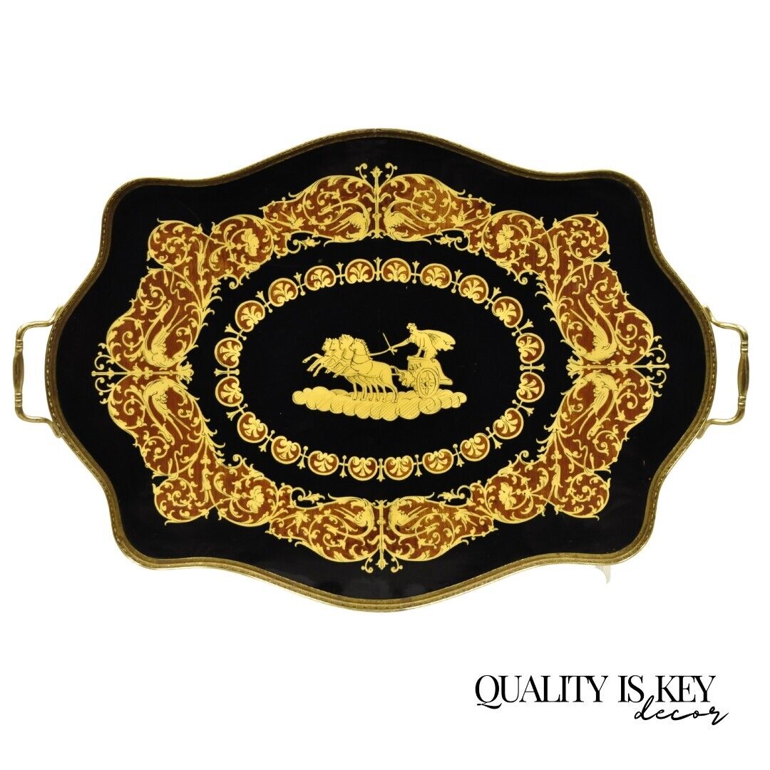 Vintage Italian Lacquered Wood and Brass Chariot Marquetry Inlay Serving Tray