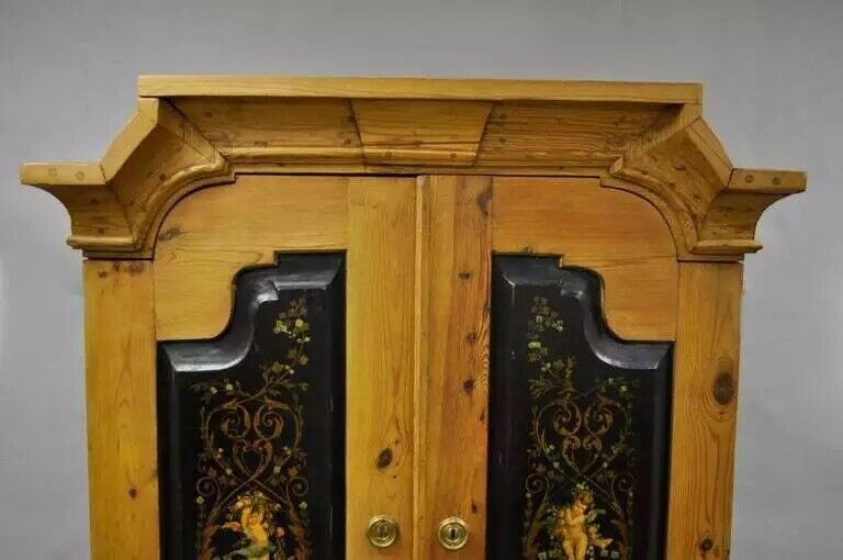Antique Country French Neoclassical Putti Painted Pine Cupboard Cabinet Hutch