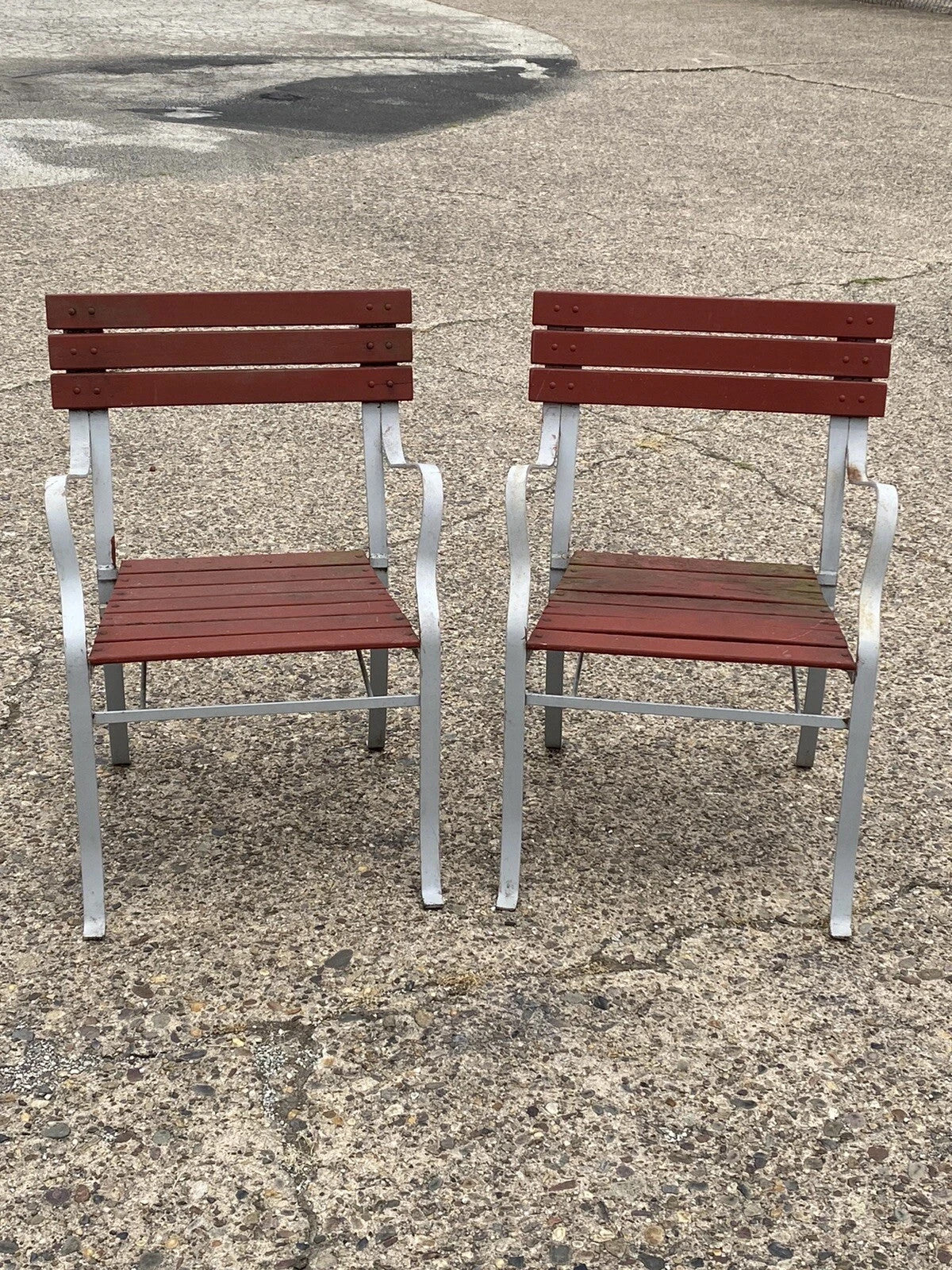 Vintage Wrought Iron Wood Slat French Style Garden Patio Outdoor Chairs - a Pair