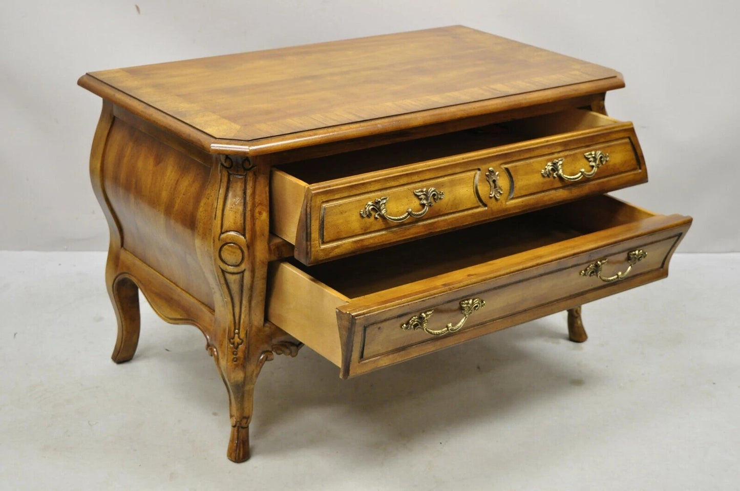 Drexel Heritage French Provincial Fruitwood Bombe Low Commode Nightstand Chest