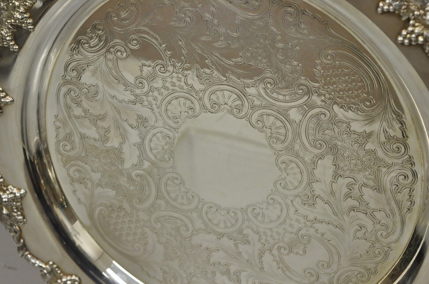 Vintage Crescent Silver Plate 17" Grape Vine Pattern Round Platter Tray