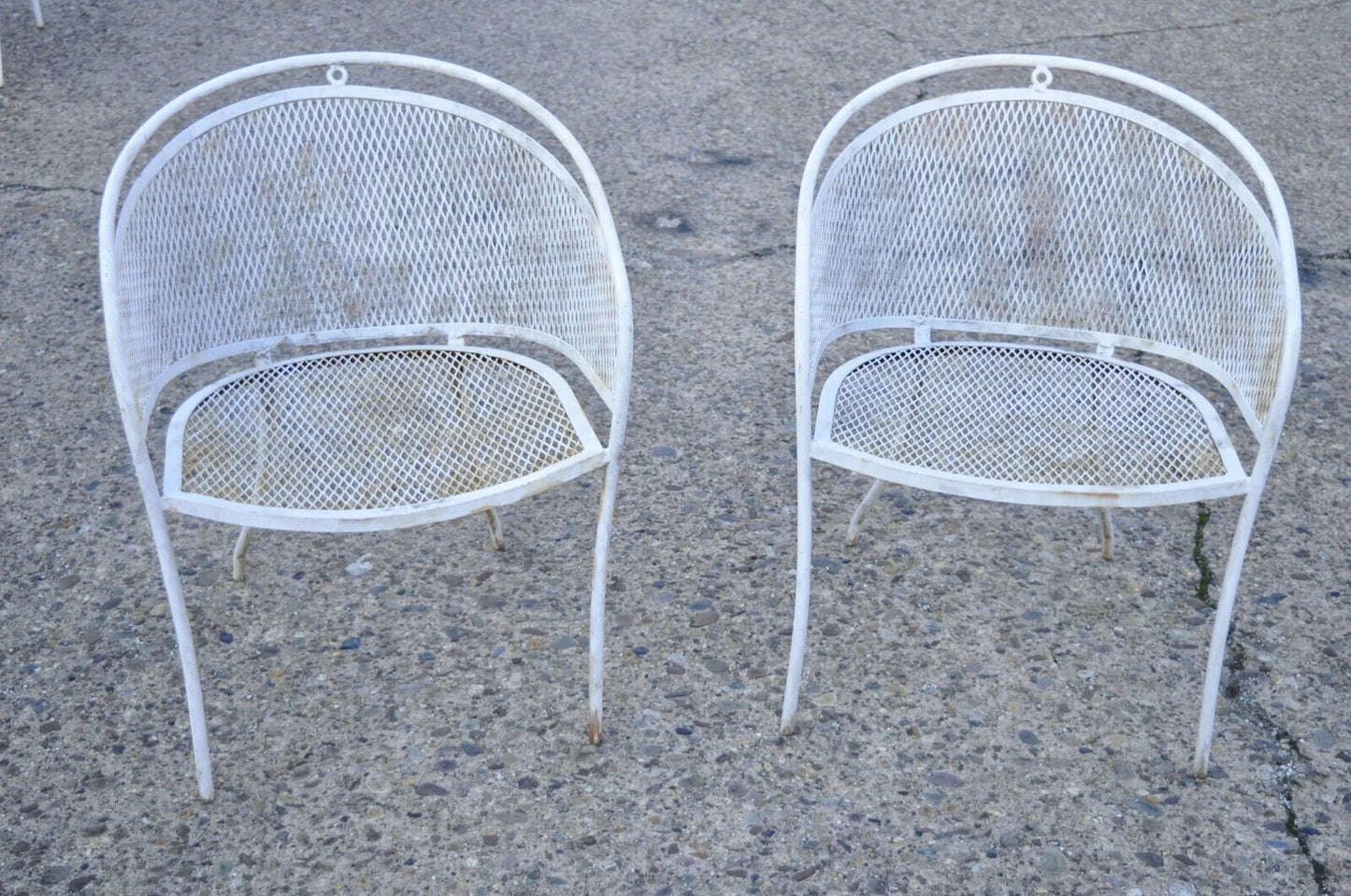 Vintage Mid Century Wrought Iron Barrel Back Patio Dining Arm Chairs - Set of 6