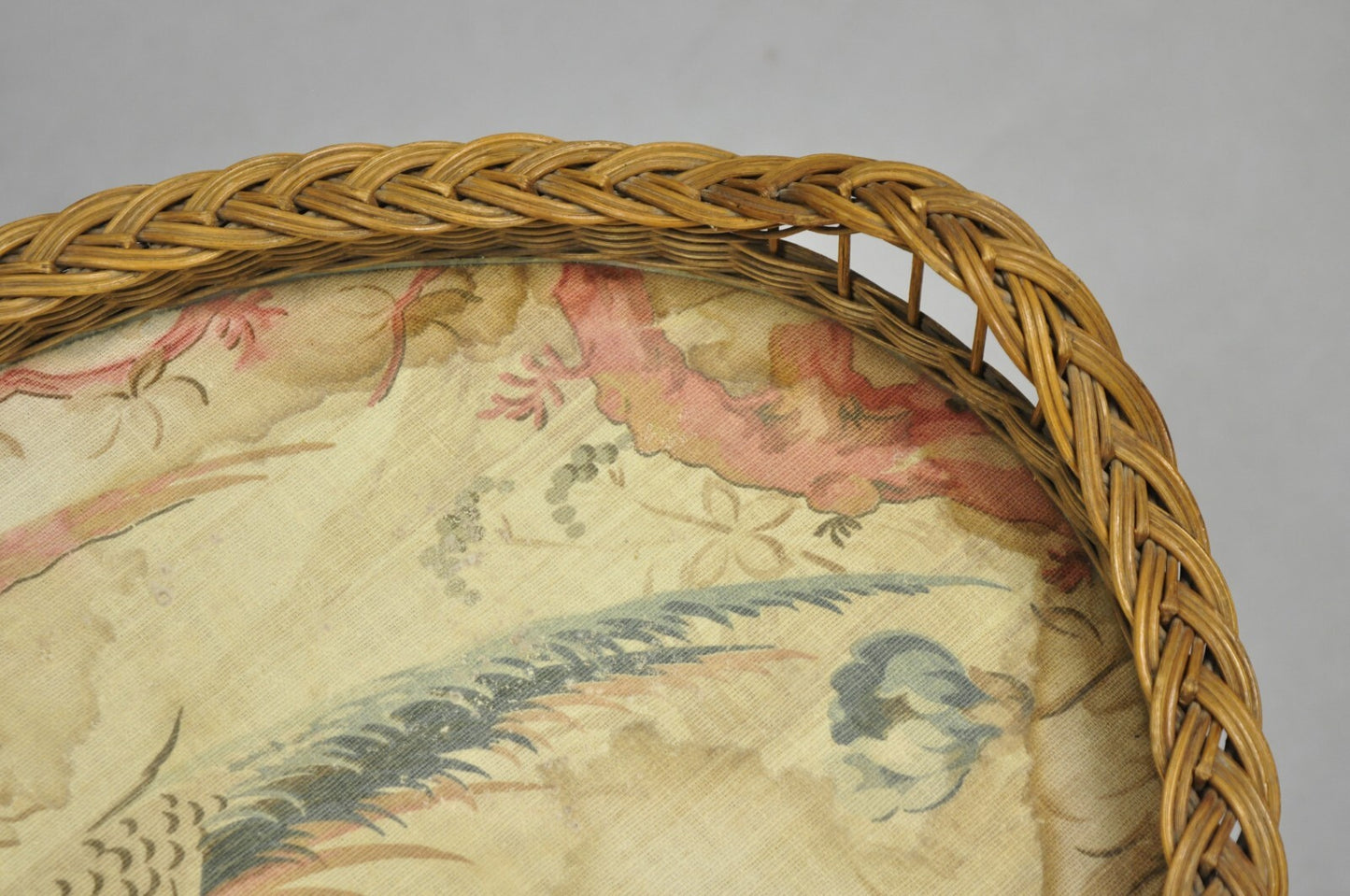 Antique French Victorian Wicker Pheasant Bird Tapestry Oval Bar Serving Tray