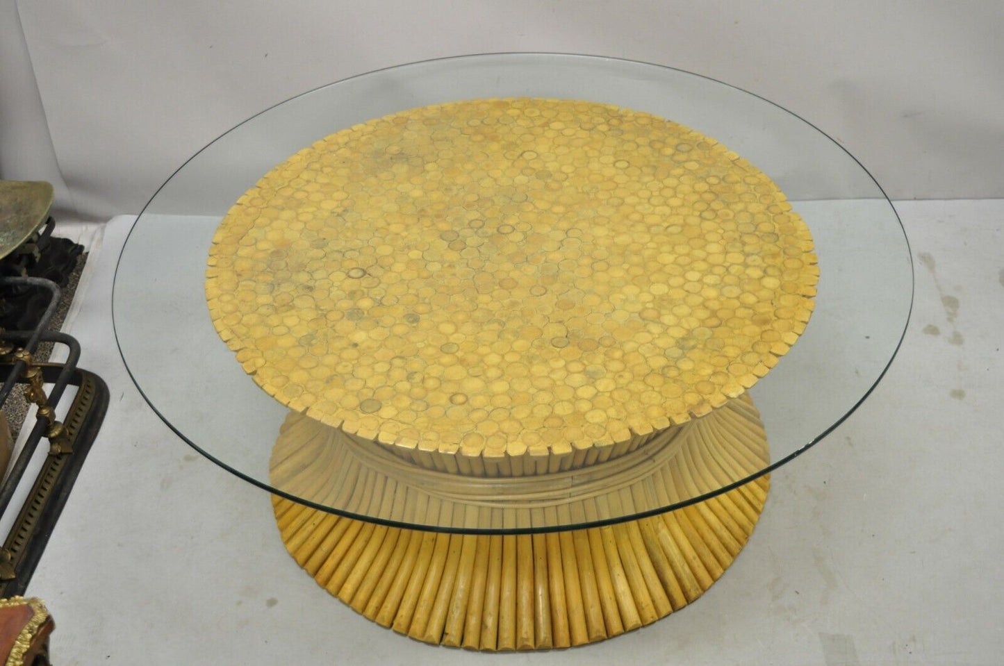 McGuire Style Sheaf of Wheat Bamboo 48" Round Glass Coffee Table
