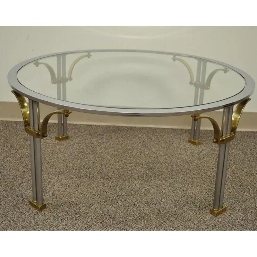 Vintage Regency Steel Brass Round Glass Coffee Table Maison Jansen Style