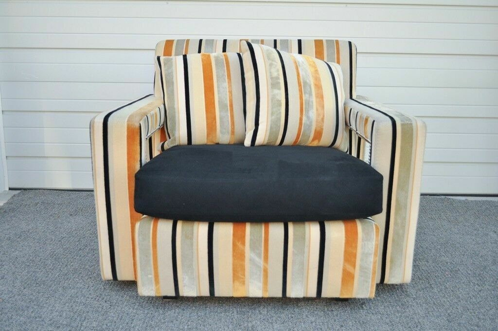 Large Hollywood Regency Modern Striped Upholstered Lounge Club Movie Arm Chair